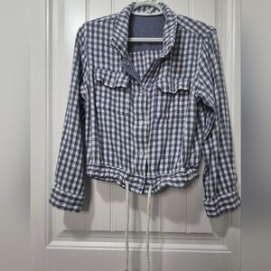 Tribal Jeans Womens Linen Blend Crop Long Sleeve Jacket Size L Plaid Blue White